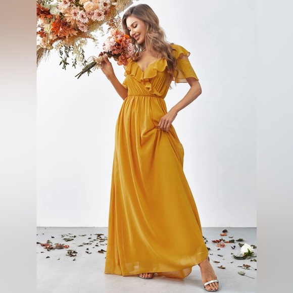 Surplice Neck mustard Butterfly Sleeve Chiffon Dress size Small - Picture 3 of 7